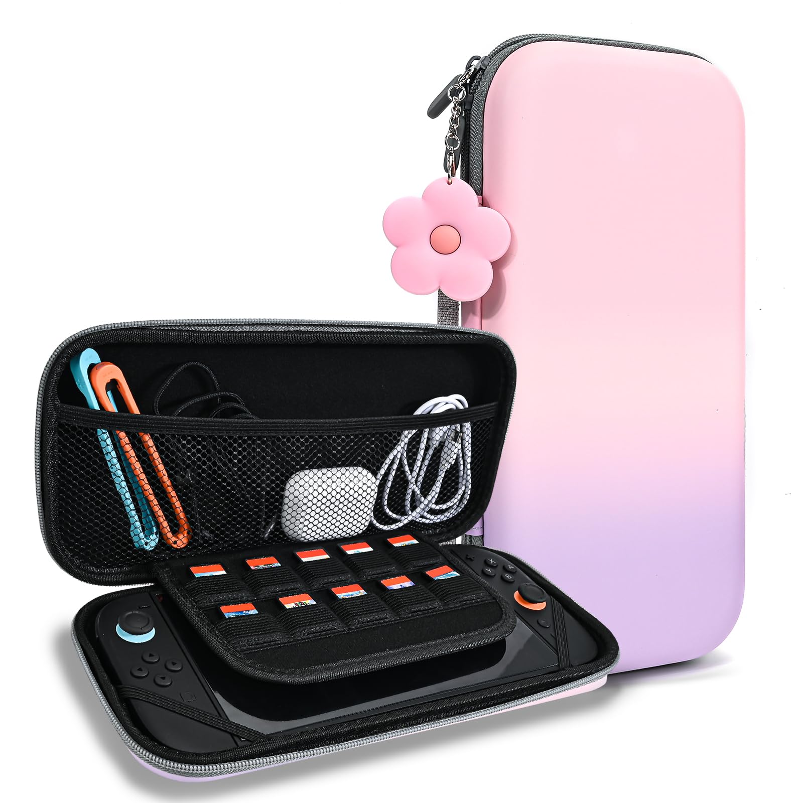 DLseego Storage Carrying Case for Nintendo Switch 2 2025 Accessories Set, 10 Game Card Slots Cute Protective, 1PC Flower Blossom Chain, Travel-Carry, All-round Protection, Slim & Portable-Pink Purple