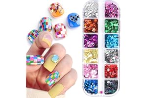 LOPMNGHT Square Glitter Nail Art Sequins, 12 Colors Rectangle Glitters Flakes Design, Holographic 3D Sparkly Acrylic Nails Supplies for Women Girls Manicure Charms Decorations, DIY Shiny Nail Art Tips