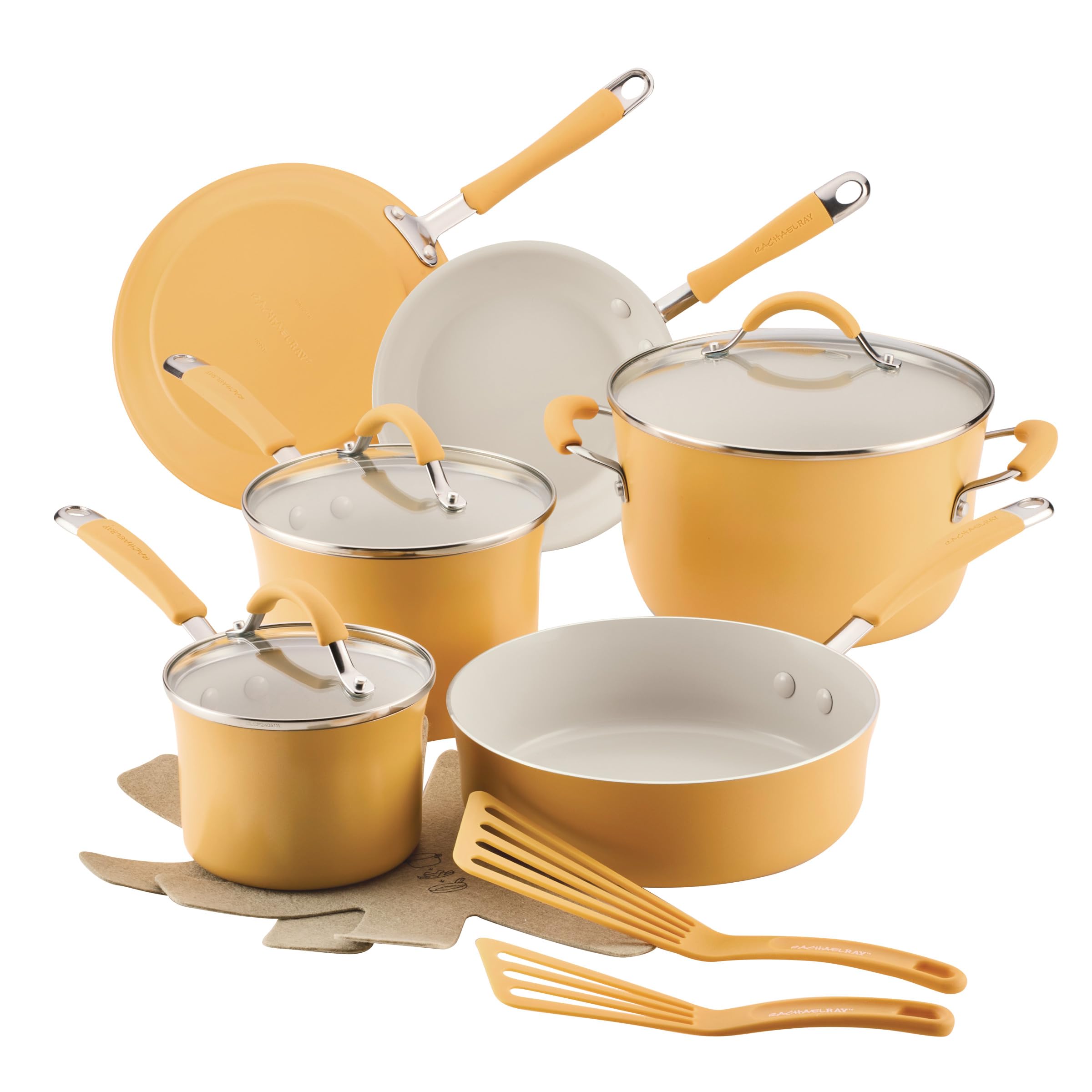 Photo 1 of Rachael Ray Cucina Ceramic Cookware Set - 13 Pieces - Ceramic Pots and Pans Set w/Nonstick Frying Pans, Saute Pan, Saucepans, Stockpot, Lids, Pan Protectors & Cooking Utensils - Turmeric