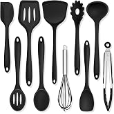 TeamFar Silicone Cooking Utensils, 10 pcs Kitchen Cooking Utensils Set | Heat Resistant Kitchen Gadgets Tools Set w/Spatula, Turners, Spoons, Soup Ladle, Pasta Server for Nonstick Cookware, Black