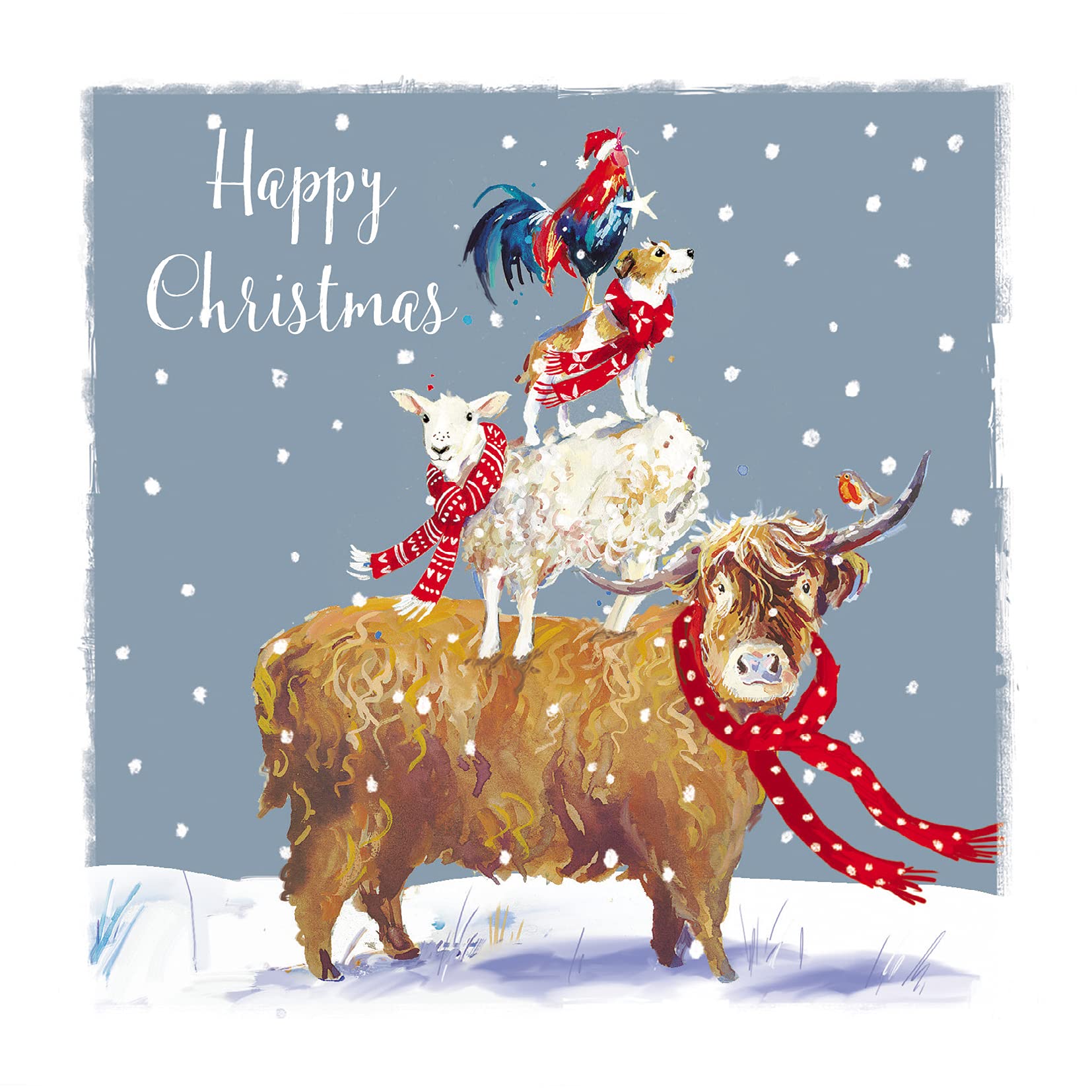Ling Design Pack of 6 Charity Christmas Cards - 'Festive Farmyard' - Highland Cow & Sheep in the Snow - 6 Cards of 1 Lovely Design