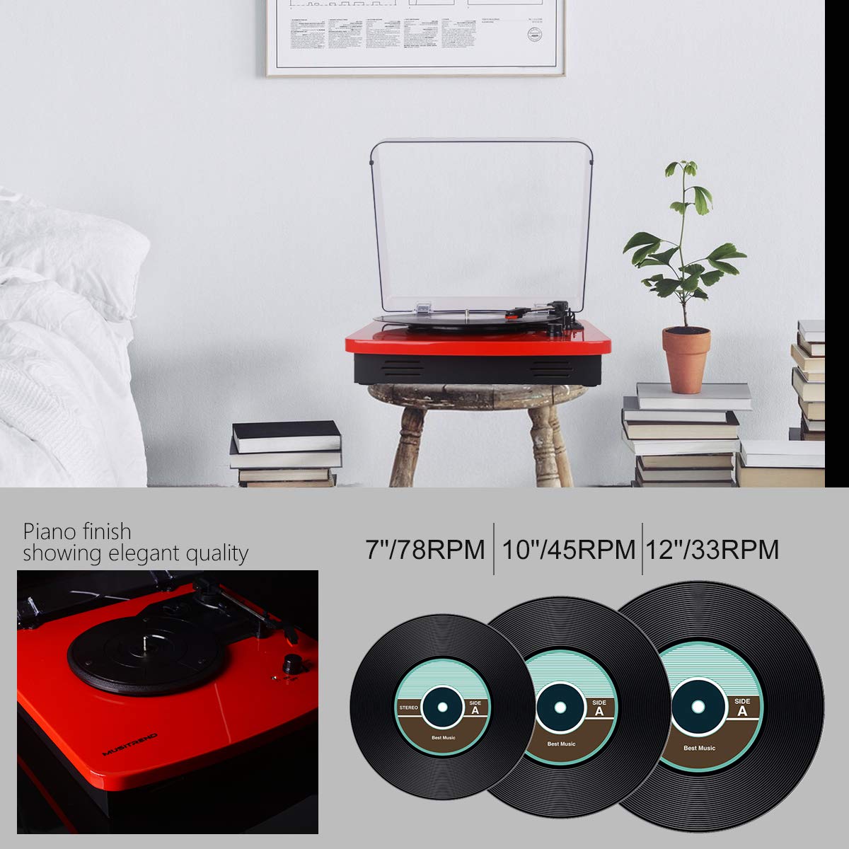 Musitrend LP 3-Speed Turntable with Built-in Stereo Speakers, Vintage Style Record Player Support Vinyl-to-MP3 Recording, RCA Output, Red …