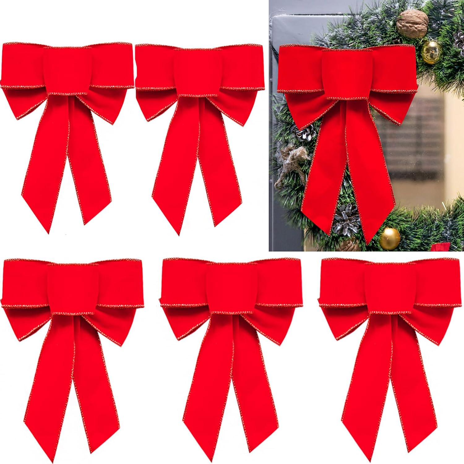 Bows & Ribbons - Yanmucy 6 Pcs Large Christmas Bows Red Velvet Bow with Glitter Gold Edge Outdoor Xmas Bows Christmas Decorations for Xmas Tree Door Wreaths 9.5 * 7 Inch (6)
