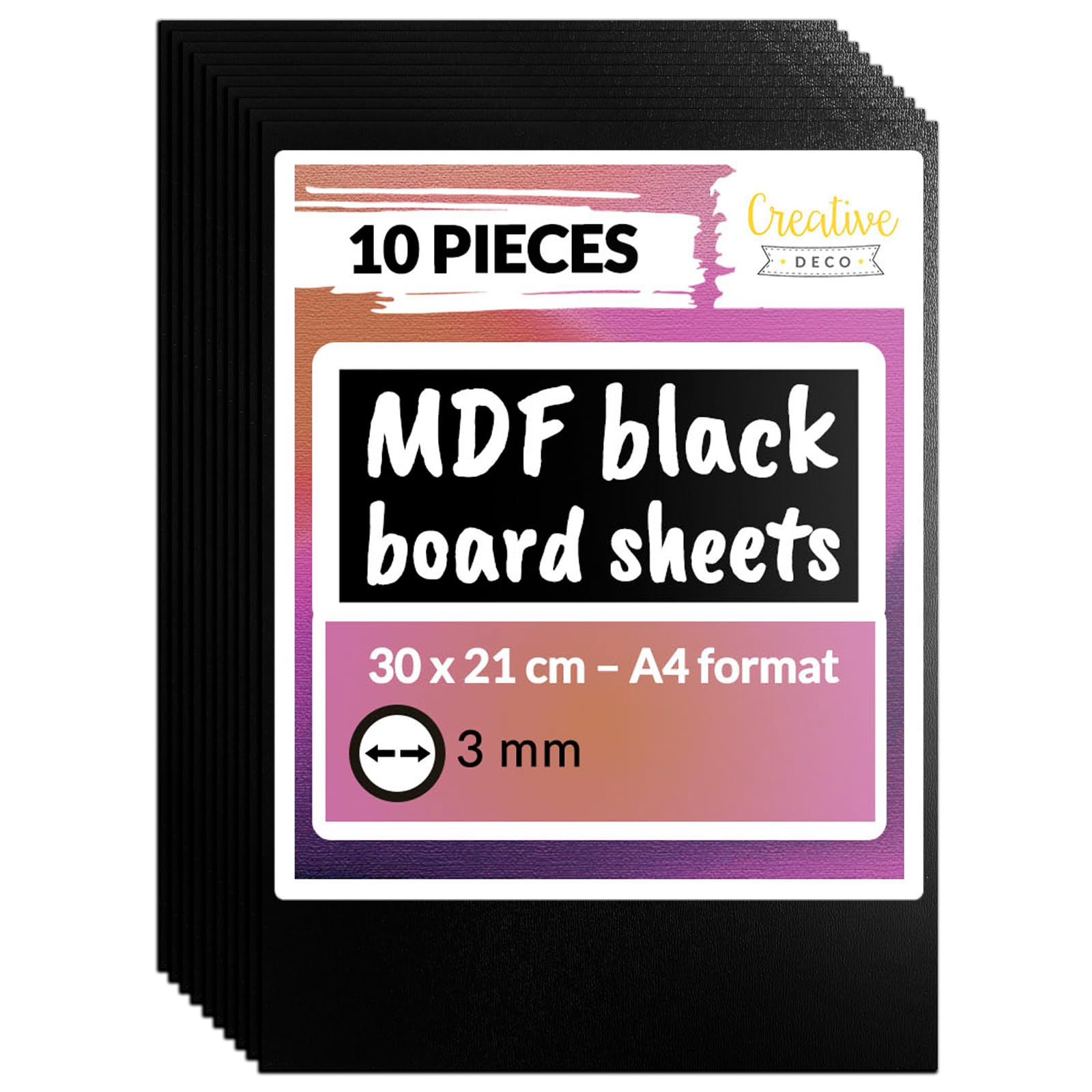 Creative Deco 10 x A4 MDF Board Sheet Black | 300 x 210 x 3mm Wood | Wooden Blank for Drawing, Home Decor, Art and Craft, Painting, DIY Projects, Laser Cutter, CNC Cutting, Stenciling Pyrography