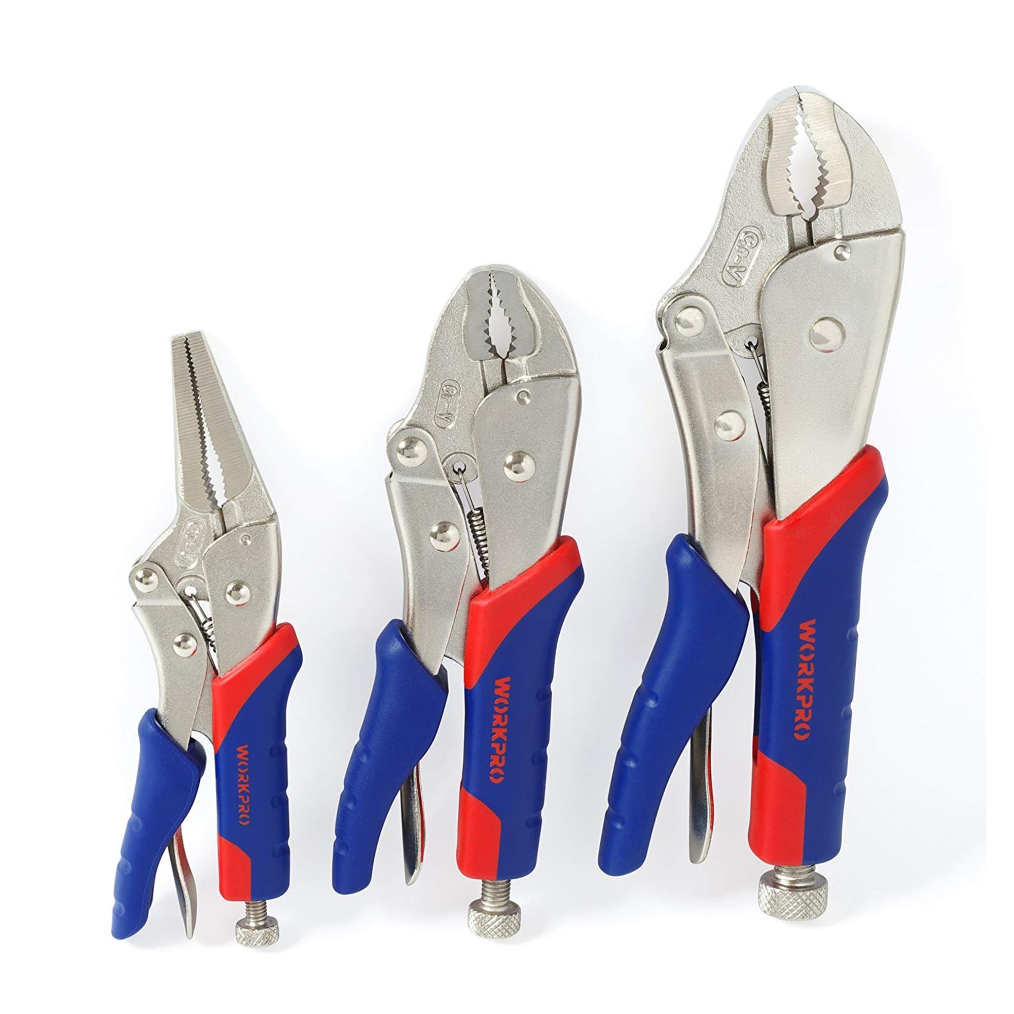WORKPRO 3-Piece Locking Pliers Set, Cr-V Steel Mole Grips, Quick-Release & Self-Locking with Soft Handle, 250 mm & 180 mm Curved Jaw, 165 mm Straight Jaw