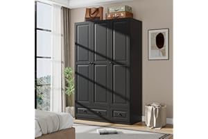 Vrmuxita Armoire Wardrobe Closet with Drawers: 74" Black Tall Wooden Wardrobe Closet for Hanging Clothes, Large Bedroom Armoires with 2 Drawers, 3 Door Armoire Storage Cabinet (Black, 47")
