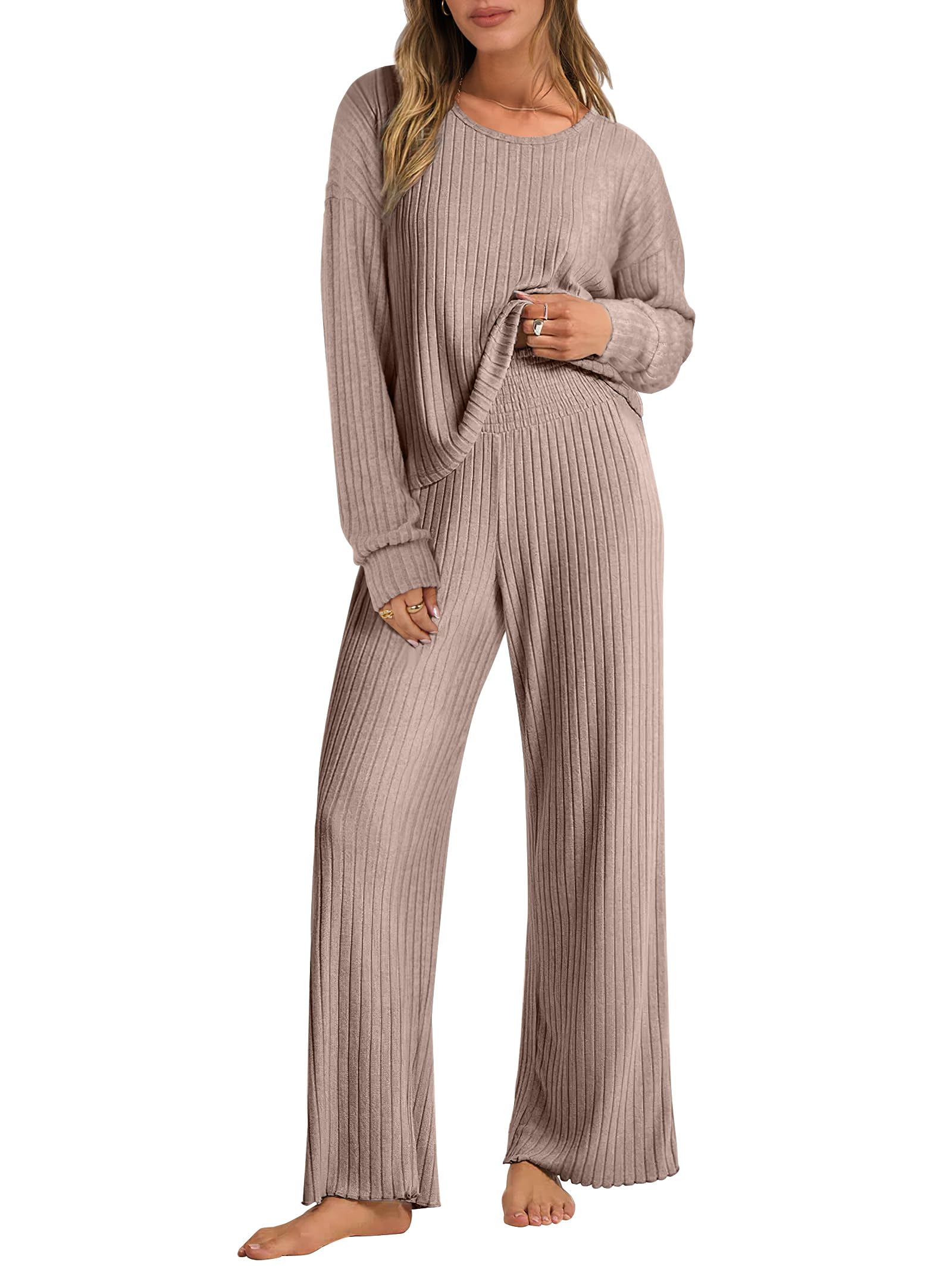 ANRABESS Women 2 Piece Lounge Pajamas Sets Casual Ribbed Knit Long Sleeve Top Pants Matching Set 2025 Fall Outfits Clothes Khaki Large
