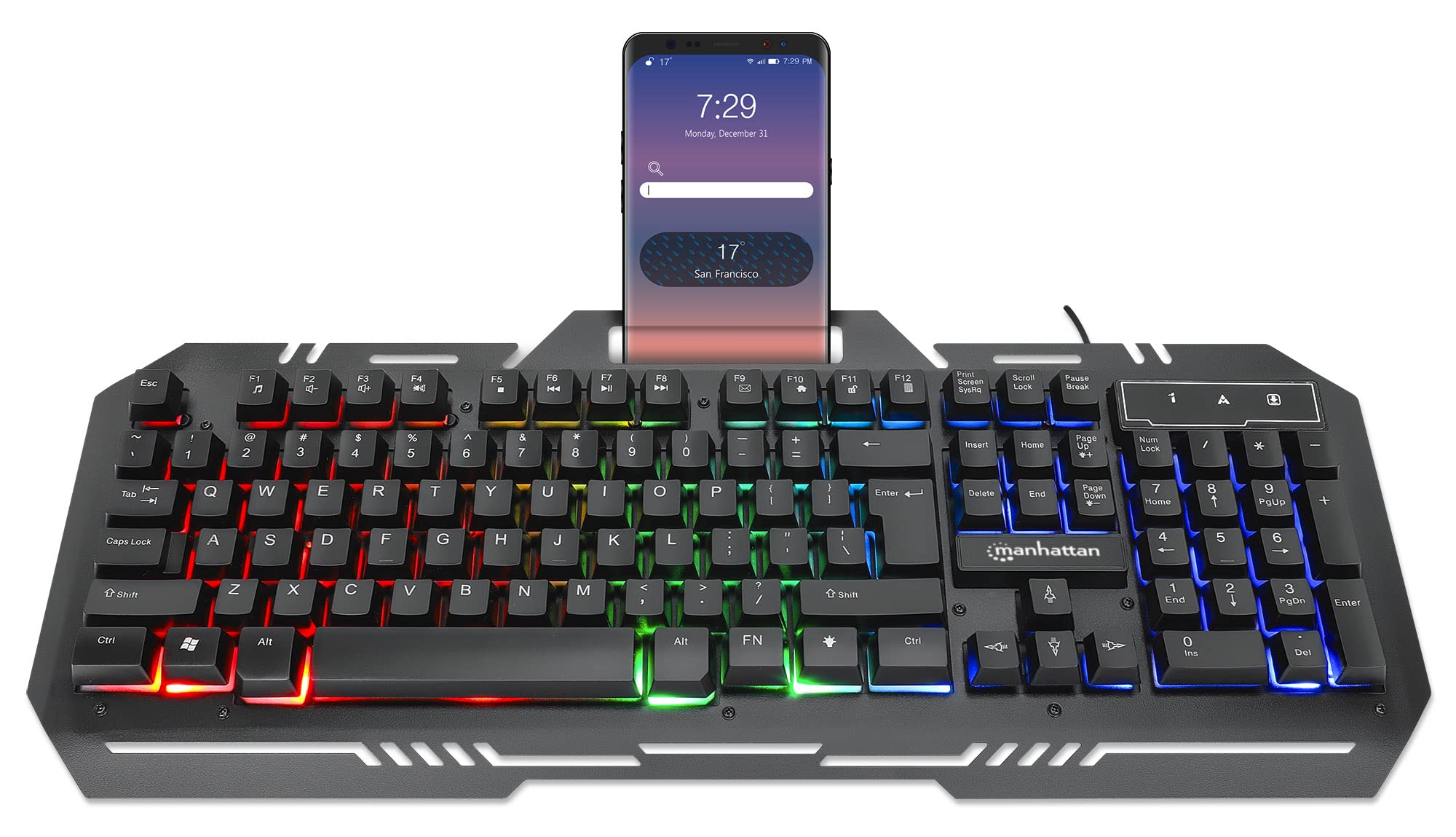 Manhattan Wired Membrane Gaming Keyboard –with Backlit RGB LED, Metal Base, IPX4 Splashproof, Phone Holder, 12 Multimedia Function Quiet Keys-for Computer, PC, Desktop, Gamer –3 Yr Mfg Warranty–180610
