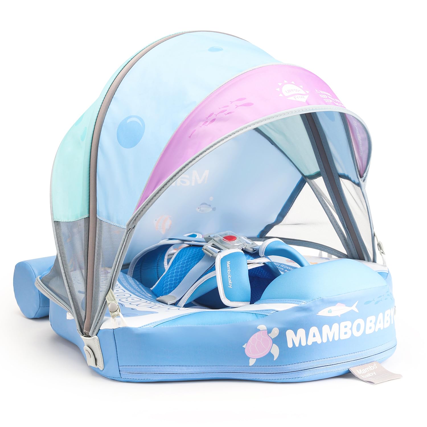 Photo 1 of 2025 Mambobaby Baby Float with Canopy & Tail Infant Swim Float Non-Inflatable Toddler Pool Float with Skin-Friendly Material for 3-24 Months Baby Boys Grils Blue (Deluxe Edition)