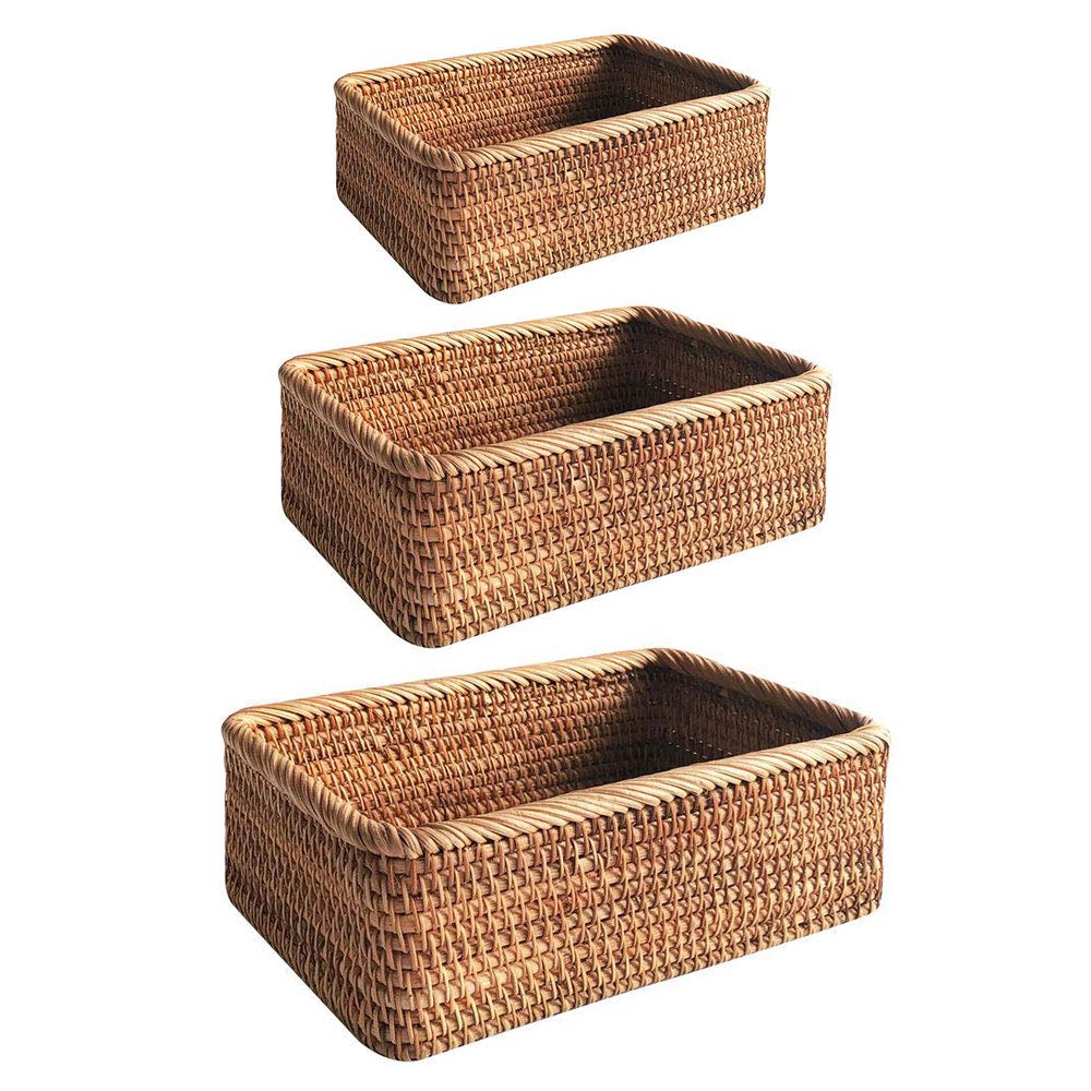 Blanketswarm 3PCS Wicker Baskets for Storage Organizing,Rectangular Weaving Rattan Basket Water Hyacinth Storage Baskets for Countertop Living Room Home Decor, Brown