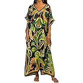 Bsubseach Women Kaftan Dresses Ethnic Print V-Neck Beach Cover Up Plus Size Caftan Loungewear Summer Swimsuit Coverup