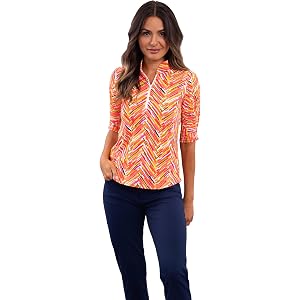 IBKUL UPF 50+ Sun Protection, Icefil Cooling, Moisture - Robin Ruched Elbow Sleeve Mandarin Collar Top
