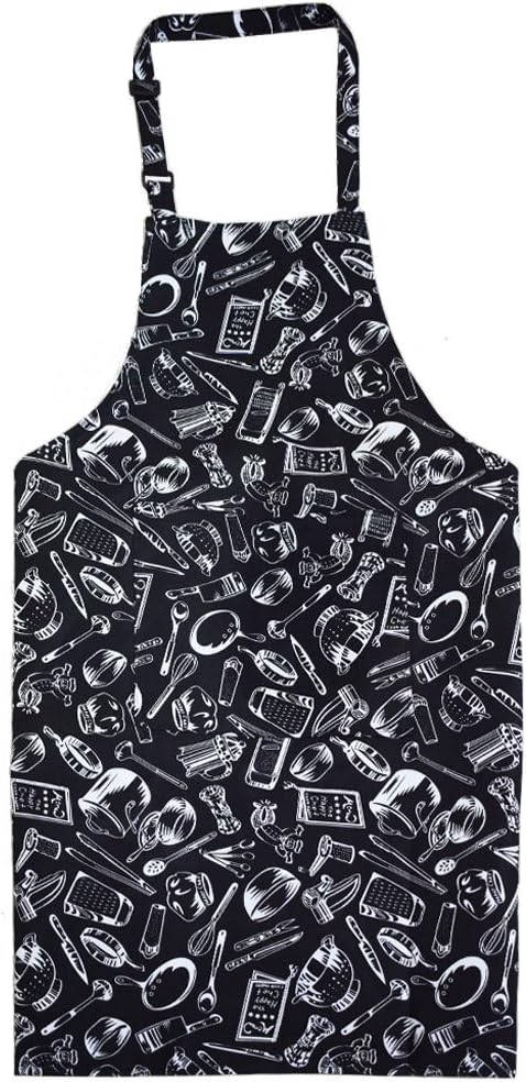 Adjustable Black Chef Kitchen Bib Apronwith Pockets, Extra Long Ties Unisex Black Chef Apron