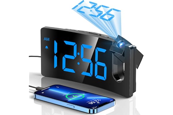 GOLOZA Projection Alarm Clock, Digital Clock with Modern Curved Design 180° Rotatable Projector, 3-Level Brightness Dimmer, C