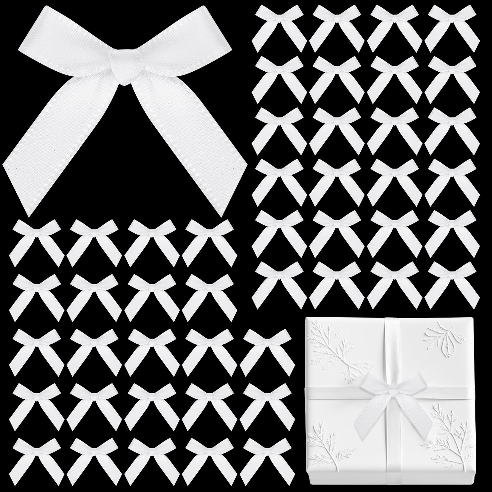 Photo 1 of 120 Pcs Mini White Bows for Crafts with Self-Adhesive Dots, 1.57" Small Satin Ribbon Bows for Gift Wrapping Cake Decorations Sewing Scrapbook Card Making Wedding Bow Party Decoration
