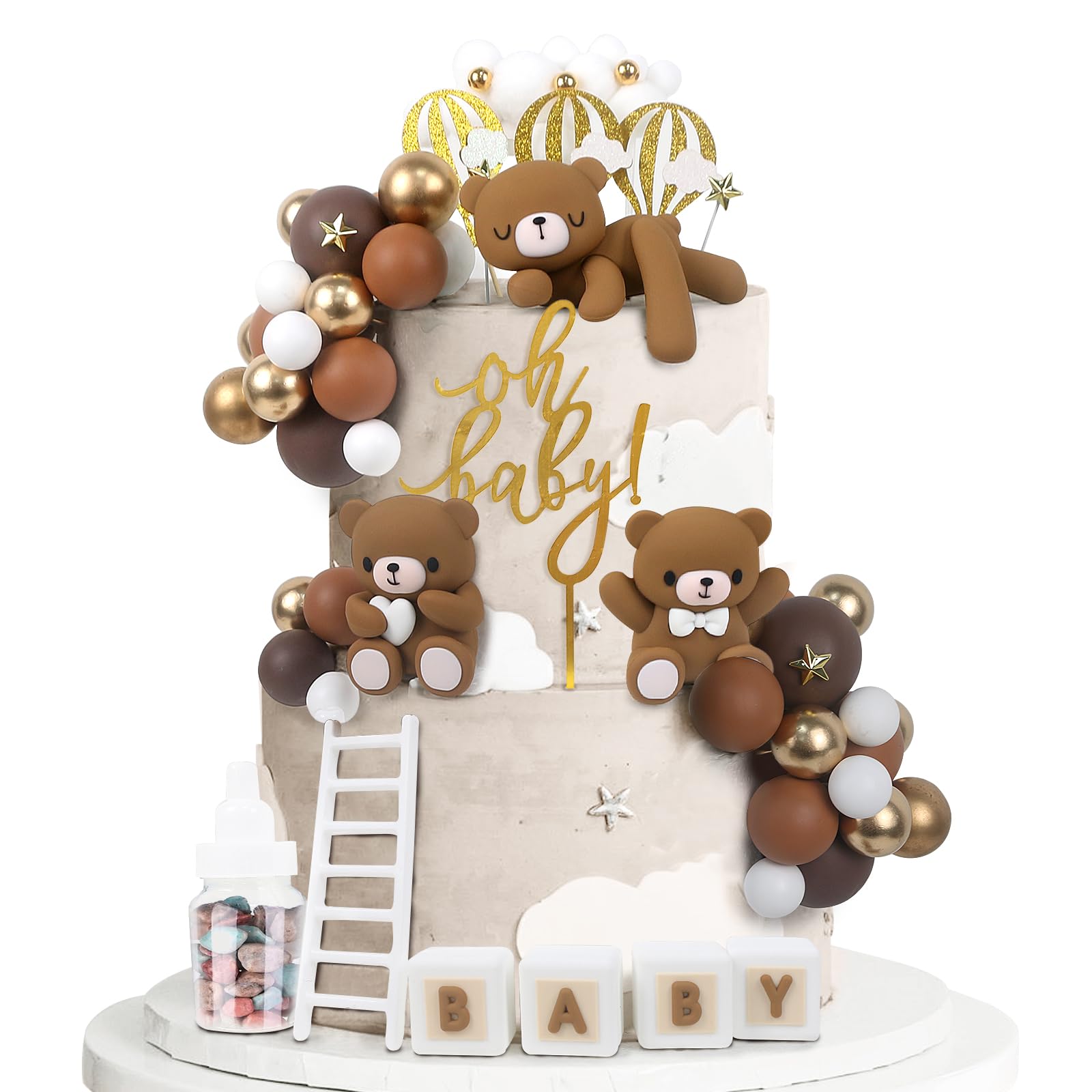 Photo 1 of Acmee 44 PCS Brown Bear Cake Toppers - Mini 3D Bear BABY Letters Milk Bottle Brown Gold Foam Balls Cake Toppers for Boy Girl Birthday Party Baby Shower Cake Decorations