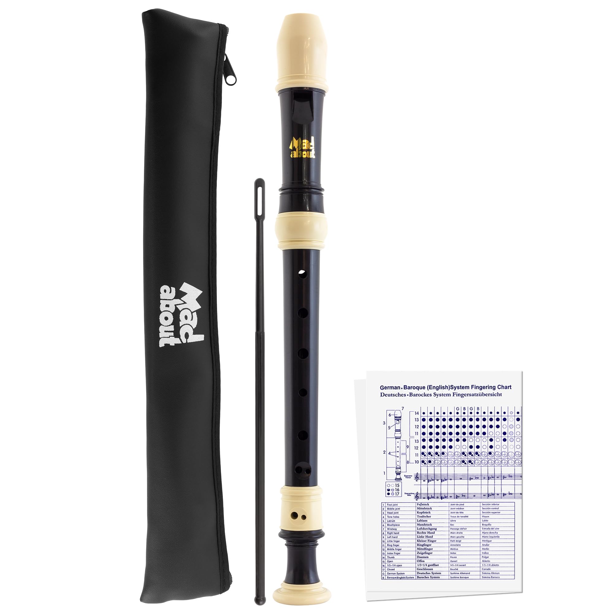 Mad About REC05 Descant Recorder, Soprano School Recorder with Bag, Cleaning Rod and Fingering Chart, Black & Ivory