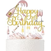 7Pcs Champagne Happy Birthday Cake Toppers Cheers to 21 30 40 50 60 Years Theme Birthday Party Decoration Supplies Gold Pink Glitter Beers Wine Glass Cake Decor Celebrating for Men Women