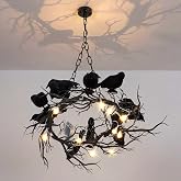 Grinsvalley Halloween Black Chandelier with Crows Bulbs, Tree Branch | Matte Black Metal Hanging Decor for Dining Room Foyer Bedroom, Gothic Style Shadow Projection, Rustic Farmhouse Chandelier