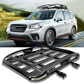 JMTBNO Roof Rack Cargo Carrier Basket with Brake Lights White Runing Lights | Universal Roof Cargo Basket with 2PCS Shark Clip Crossbars, Double Layer,Aluminum Heavy Duty for SUV Trucks Cars