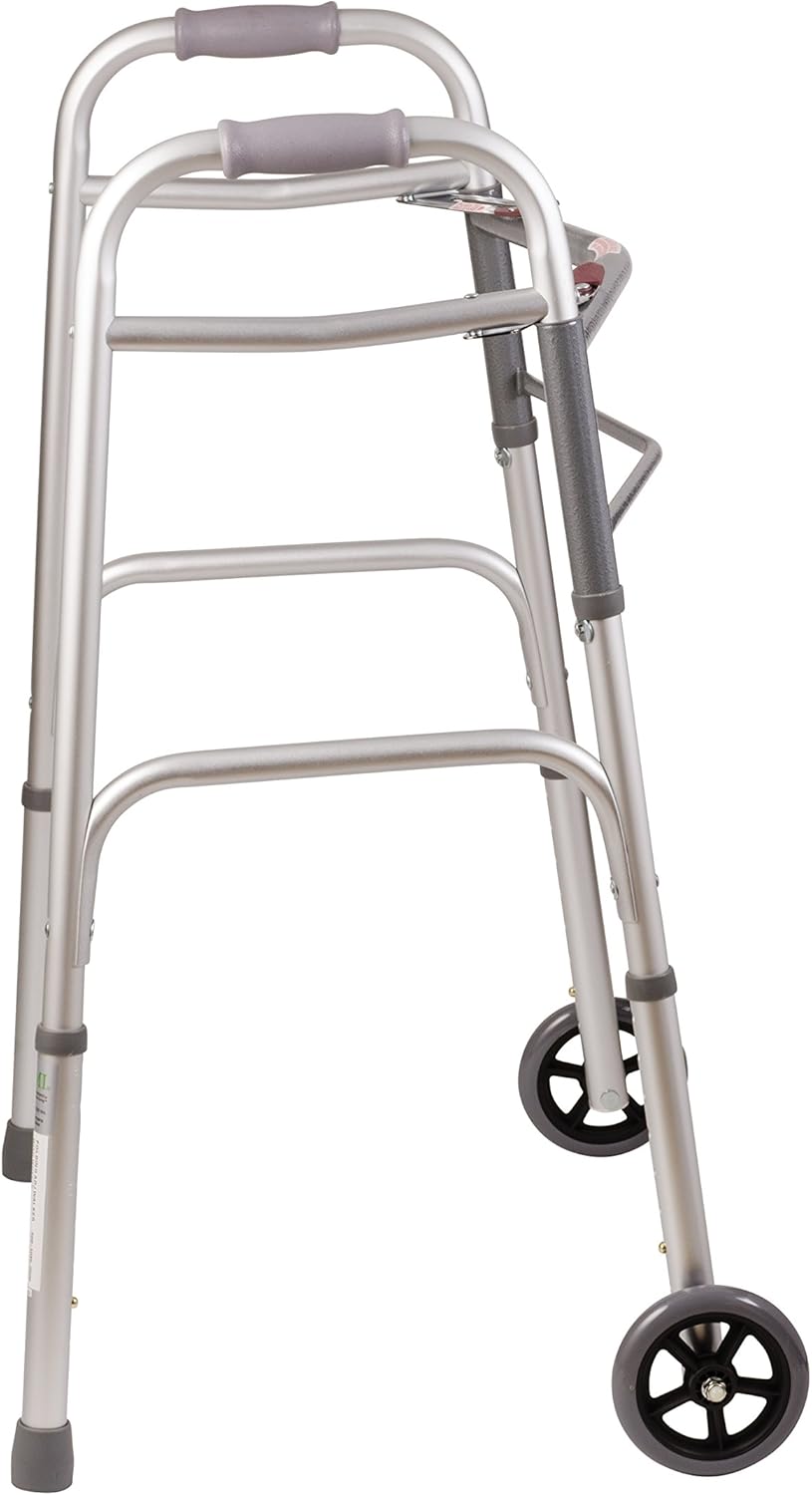 DMI Lightweight Aluminum Folding Walker with Easy Two Button Release, 5 Inch Wheels, Adjustable Height, No Assembly Needed, Silver: Health & Personal Care