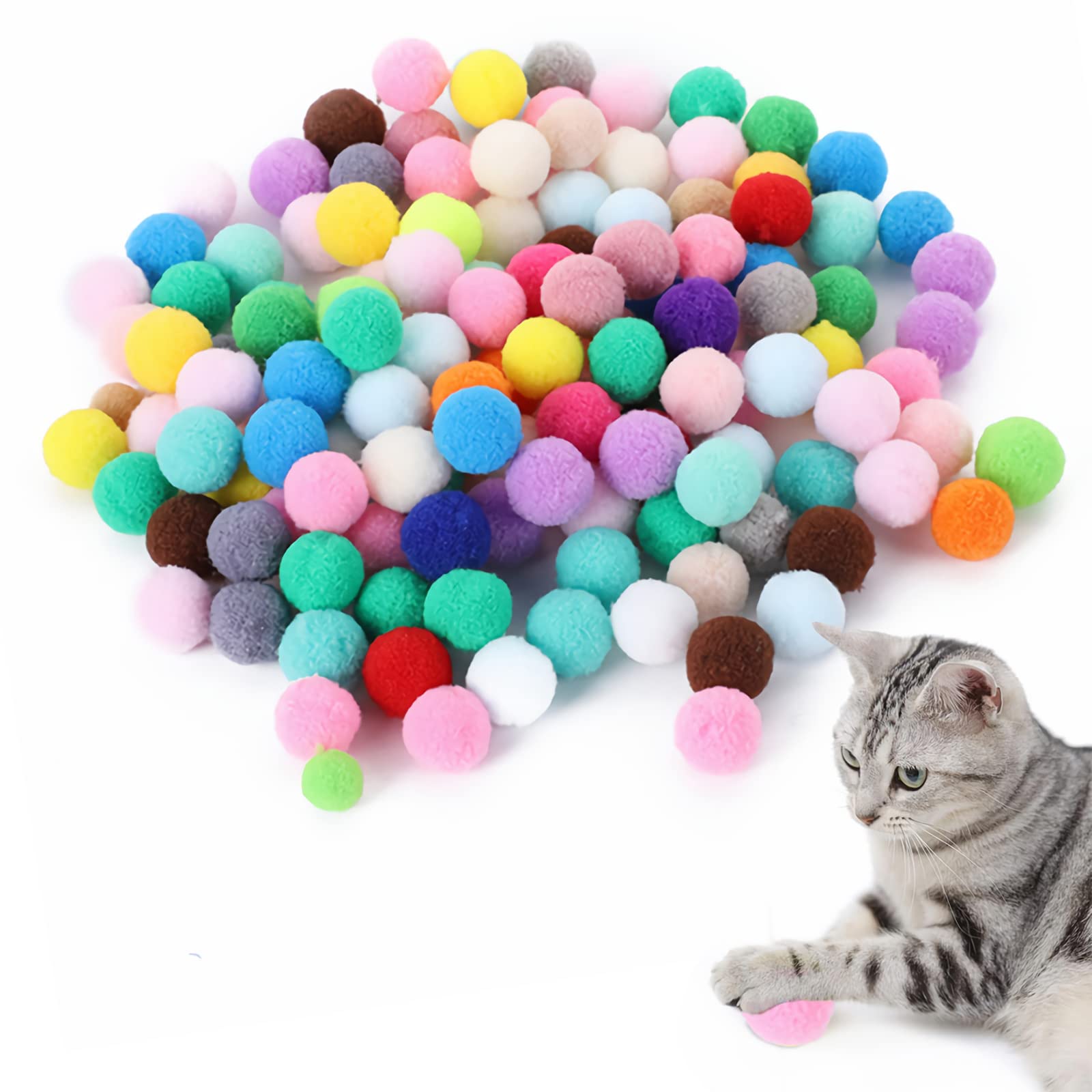 YUTOU Pack of 50 Cat Toy Balls 3 cm, Colourful Cat Plush Toy, Soft Cat Balls, Elastic Cat Pompoms, Cat Toy Ball, Interactive Cat Toy for Pet Cats
