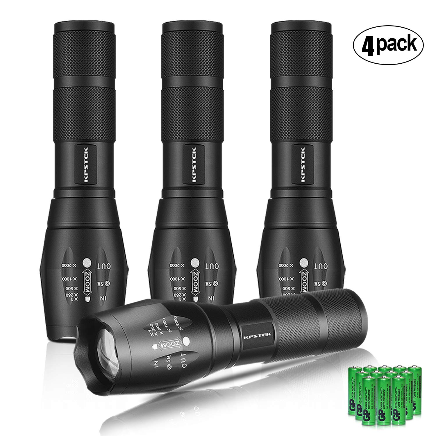 4Pcs Tactical Flashlights, KPSTEK High Lumen XML T6 LED Flashlights Outdoor Portable Water Resistant Tac Light with 5 Modes, Zoom Function, Adjustable Focus (Batteries Included)