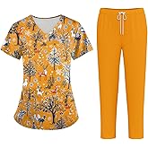 UOFOCO Medical Scrubs Set for Women Cute Print Scrub Top and Cargo Pants with Stretch Nursing Quick Dry Uniform Suits