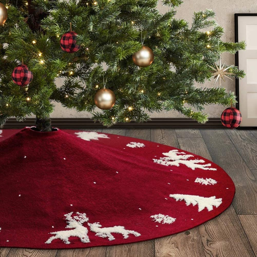 LATERN 3D Knitted Christmas Tree Skirt, 122CM Large XMAS Tree Skirt 100% Handmade Wool String Knitted Mat 3D Snowflake Christmas Tree Elk Tree Base Cover for Christmas Home Party Decoration (Red)