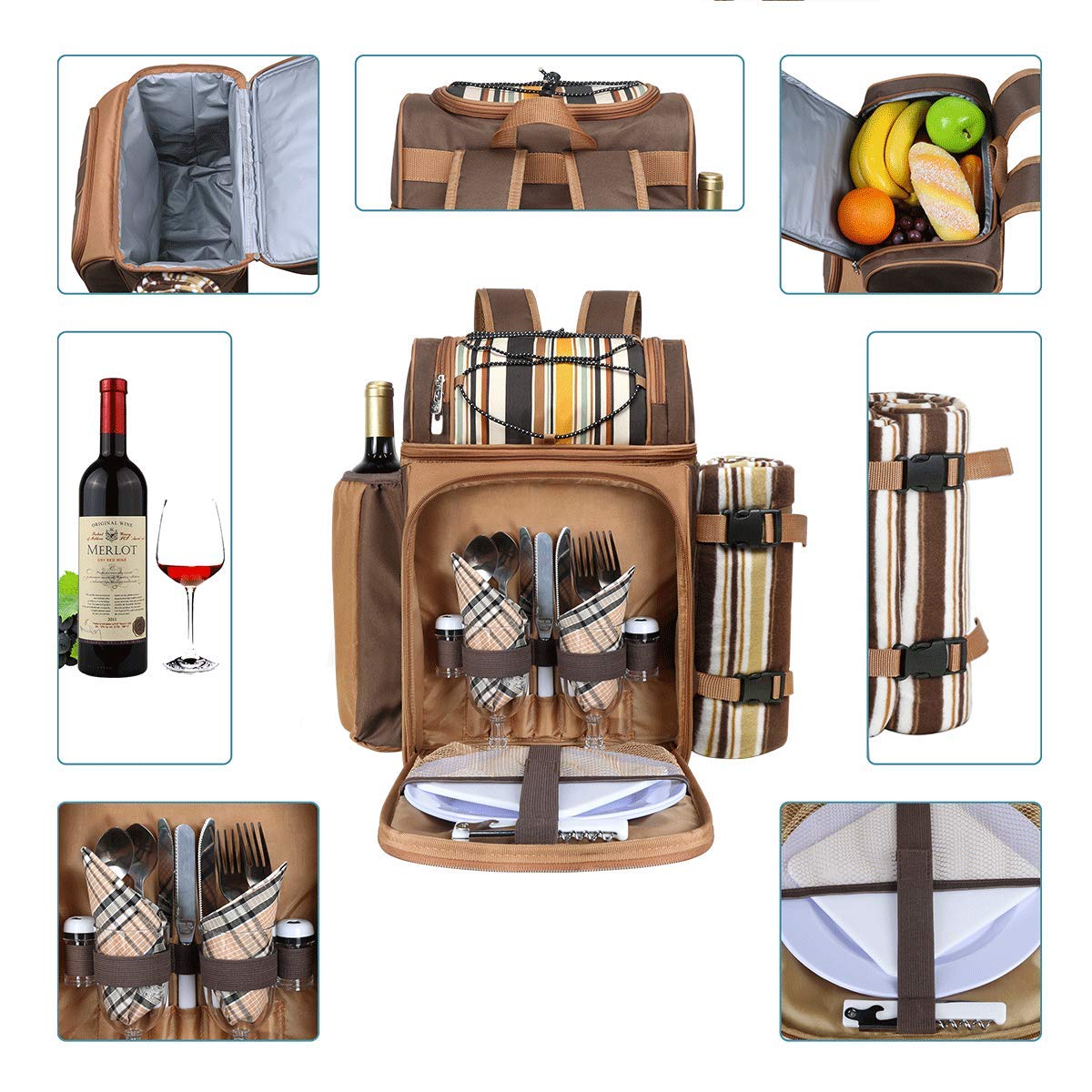 Hap Tim Picknick-Rucksack-Kühler für 2 Personen mit isolierter auslaufsicherer Kühltasche, Weinhalter, Fleece-Decke, Besteck-Set, perfekt für Strand, Tagesreisen, Wandern, Camping,(EU-36083) 2