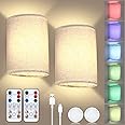 Lightess Battery Operated Wall Sconces with Remote Set of 2, RGB Rechargeable Wall Light Fixtures with Fabric Shade, Dimmable Lighting Decor for Bedroom Living Room