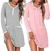 Marvmys Women's 2 Pack Nightgown Long Sleeve Henley Sleepshirt Soft Short Pajama Dress with Pockets