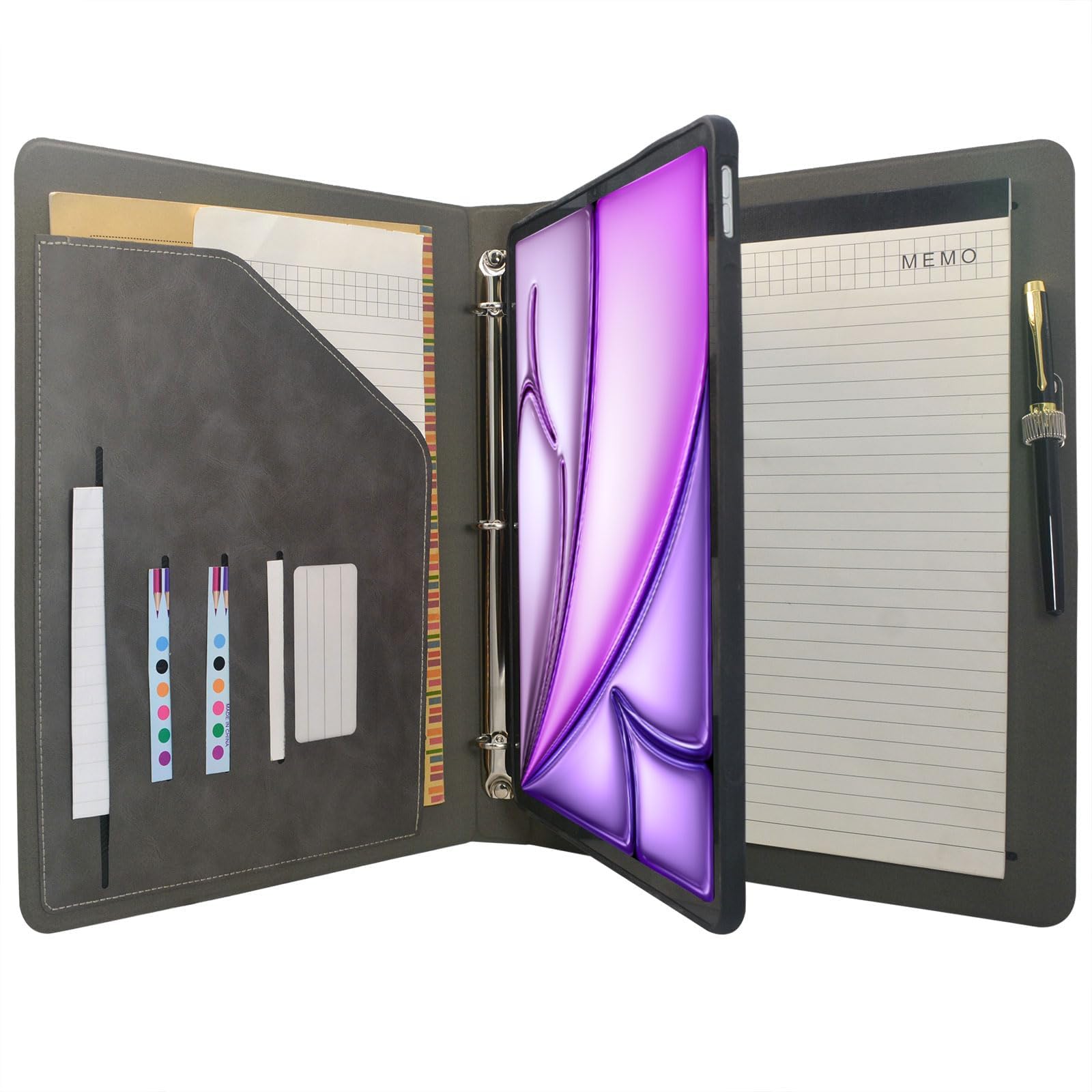 Photo 1 of Tablet Organizer Portfolio Case with 3-Ring Binder, Binder Padfolio File Folder with Removable Tablet Holder, Compatible with iPad Air 13-inch M3 (2025)/M2 (2024), Gray