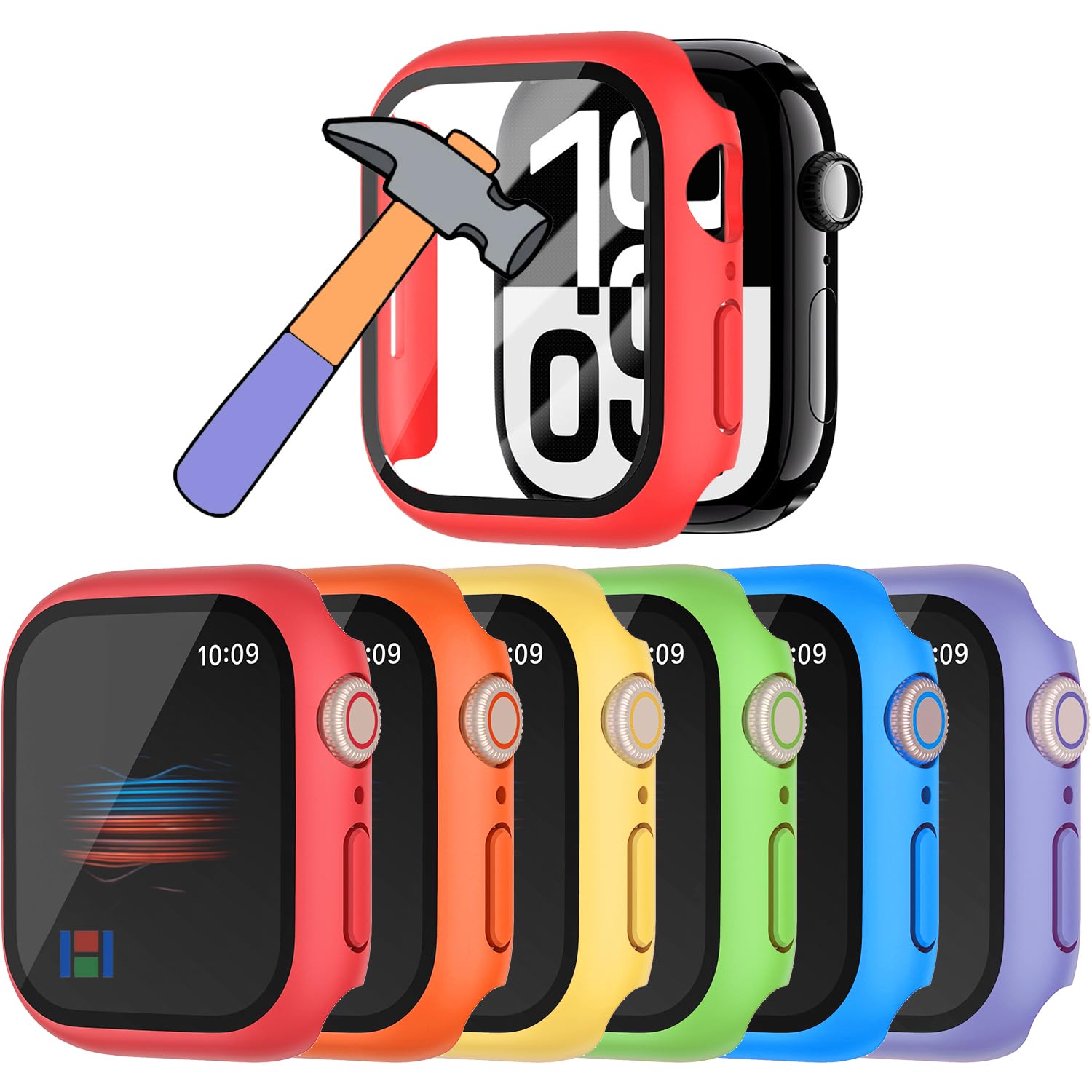 HANKN 6 Pack Hard Case for Apple Watch Series 11 10 42mm Tempered Glass Screen Protector Case, Full Protective Cover Iwatch Shockproof Bumper Matte Accessories (Red+Orange+Yellow+Green+Blue+Purple)