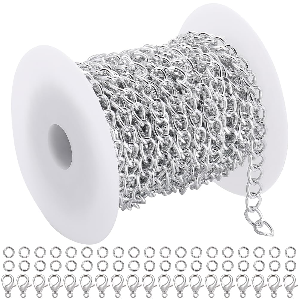 SOFPLATE 10M Aluminum Curb Chain Bulk Curb Chain Silver Roll Twist Link Chain Spool Long Curb Chains Set Oval Chain for Jewellery Making Kits Necklaces Bracelets Earrings Supplies DIY Crafts Beginner