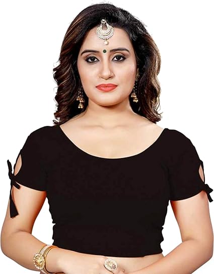 Deep Black Kala Lycra Stretchable Readymade Blouse for Women Short Sleeve with String Dori Stitched Ladies Fancy Saree Choli Deep Blouse