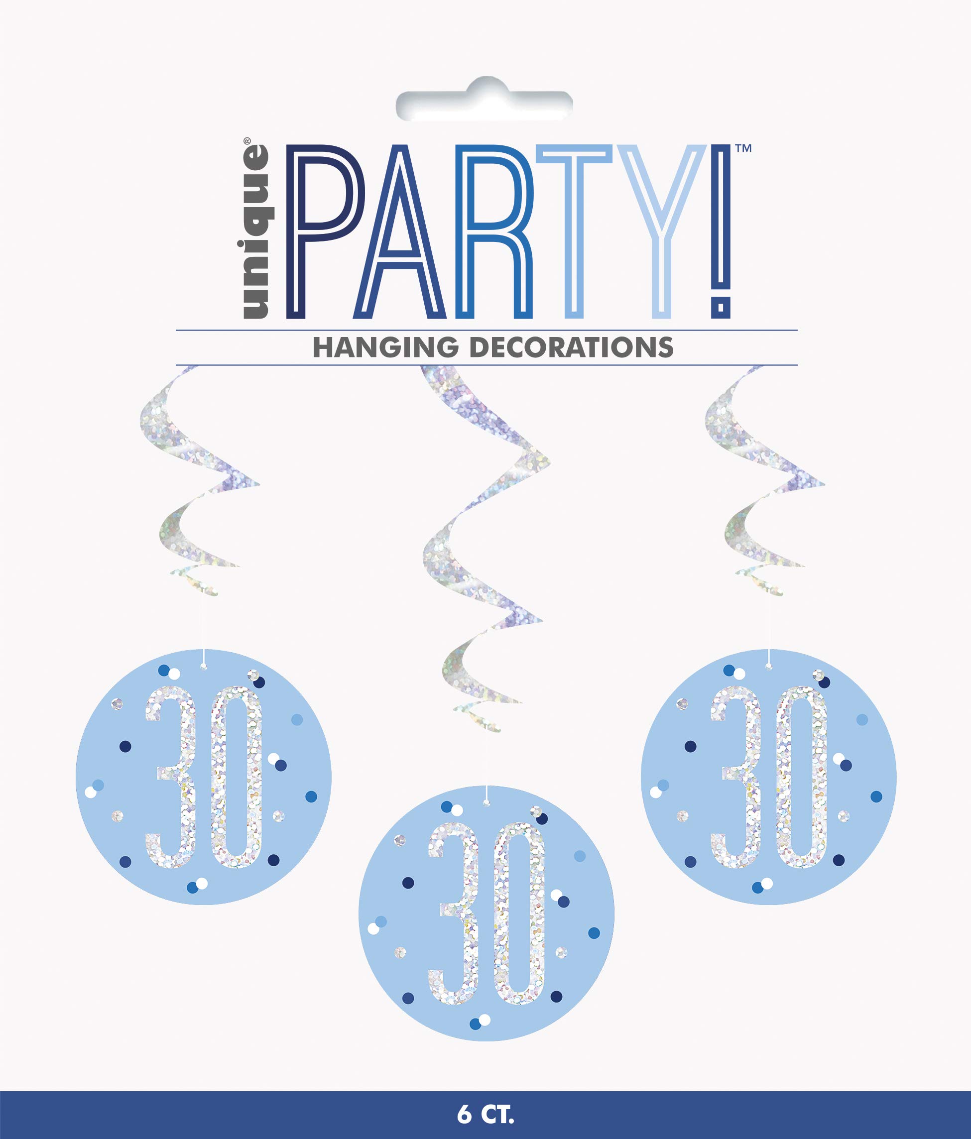 Unique Party 83798 - Hanging Swirl Glitz Blue & Silver 30th Birthday Decorations, Pack of 6