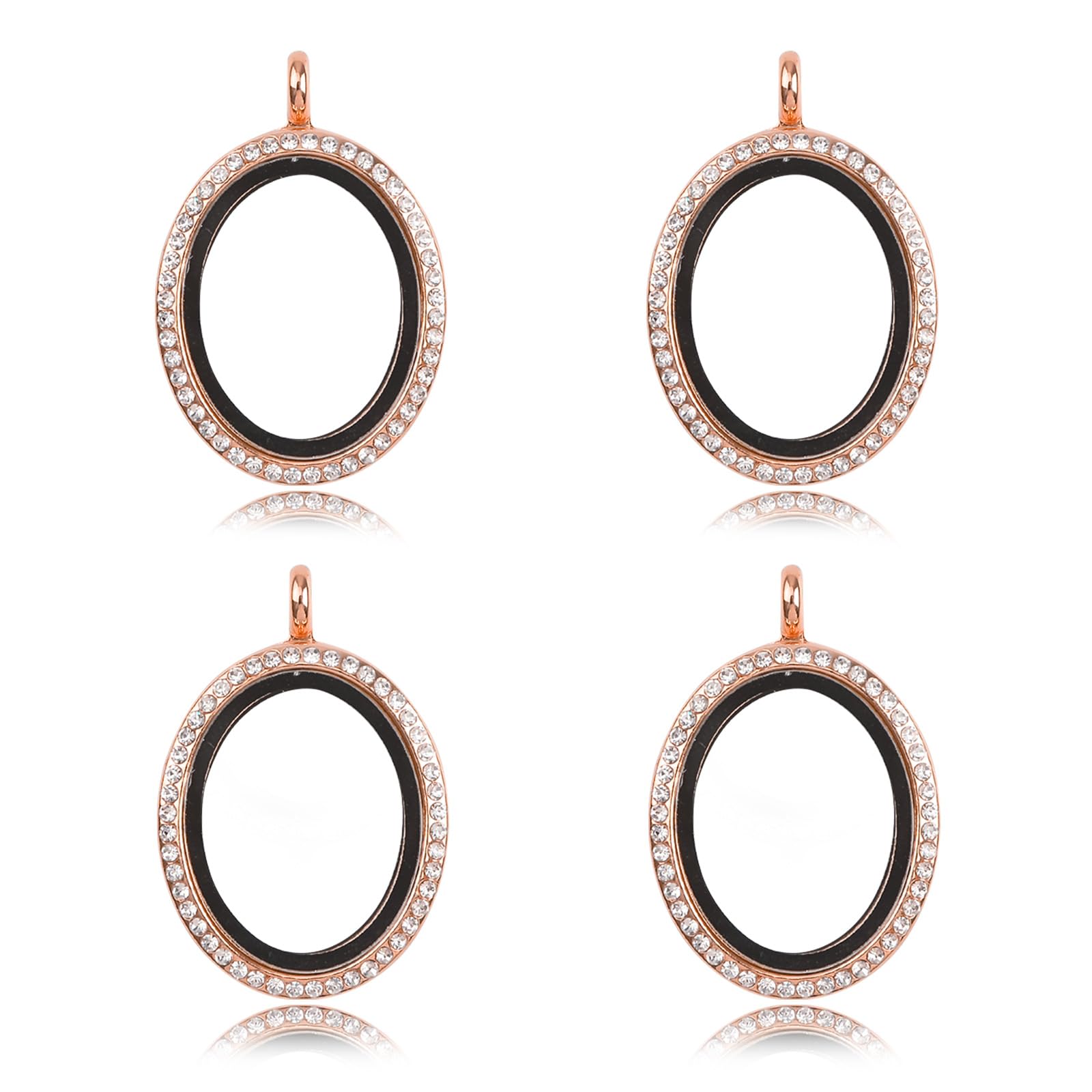 WANDIC Rhinestone Photo Charm, 4 Pcs Oval Rose Gold Crystal Photo Pendant Bridal Wedding Bouquet Charms Living Floating Memory Lockets for 2 Pictures