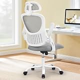 Sweetcrispy Home Office Desk Chair, Ergonomic High-Back Mesh Rolling Work Computer Chairs with Wheels and Adjustable Headrests, Comfortable Lumbar Support, Comfy Flip-up Arms for Bedroom, Study, Grey
