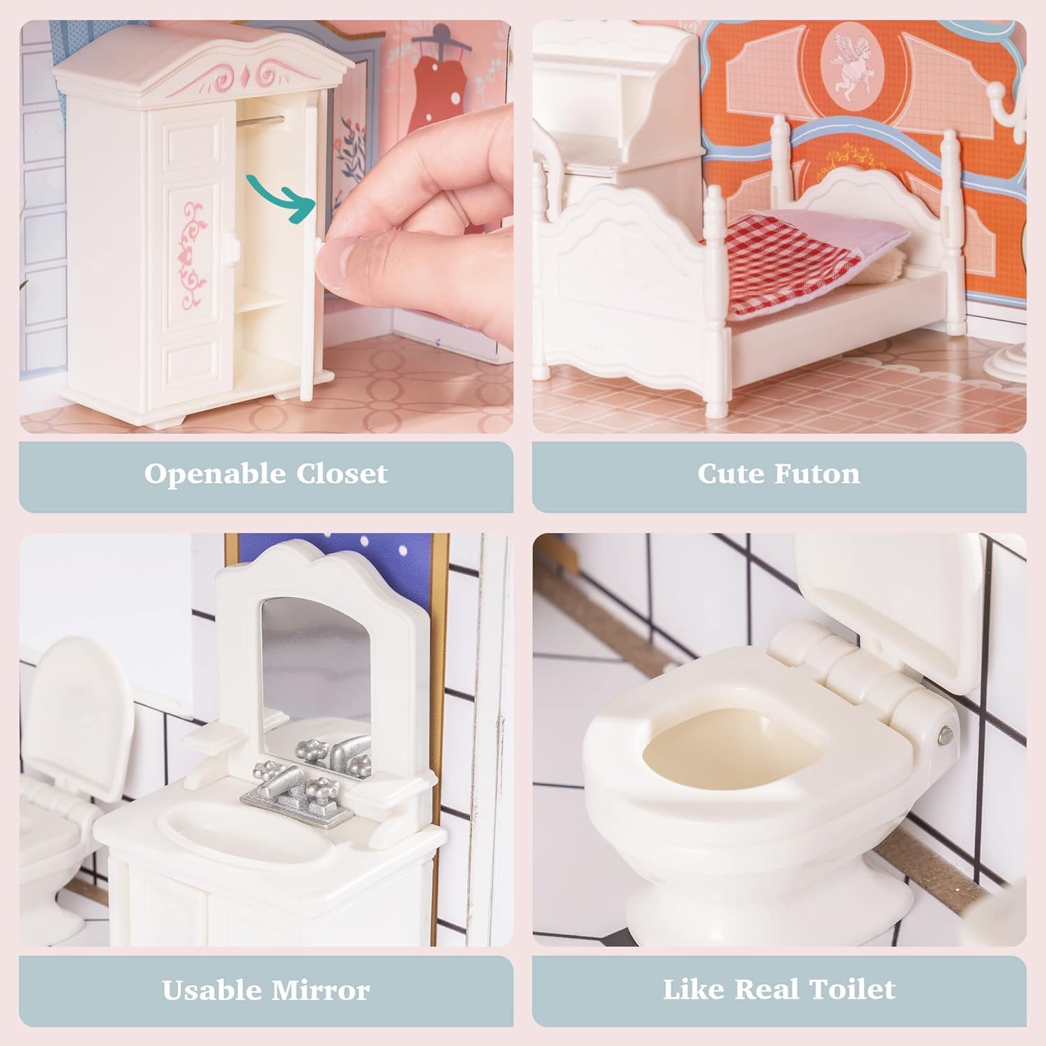 ROBUD Wooden Dollhouse for Kids Girls, Toy Gift for 3 4 5 6 Years Old, with Furniture