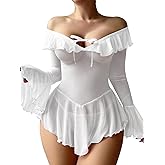 OYOANGLE Women's 2 Piece Off Shoulder Long Sleeve Ruffle Mesh Sheer Nightgowns with Thongs Babydoll Lingerie Set