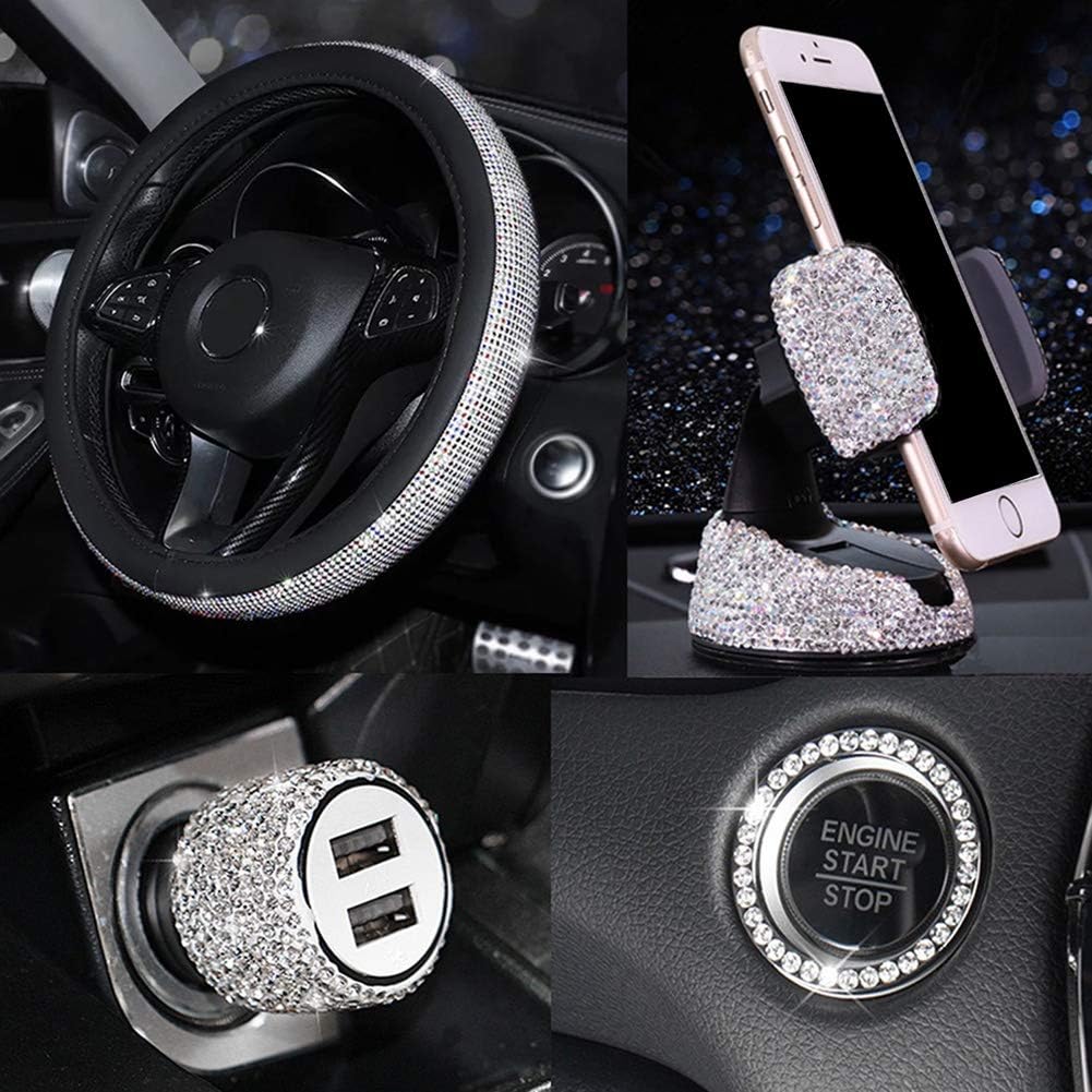 Bling Car Accessories Set for Women, Bling Car Steering Wheel Cover Universal Fit 15 Inch, Bling Car USB Charger Bling Car Mobile Holder Bling Car Decor Set 5 Pack