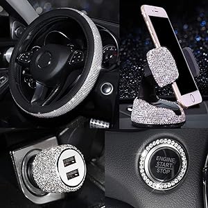 Bling Car Accessories Set for Women, Bling Car Steering Wheel Cover Universal Fit 15 Inch, Bling Car USB Charger Bling Car Mobile Holder Bling Car Decor Set 5 Pack