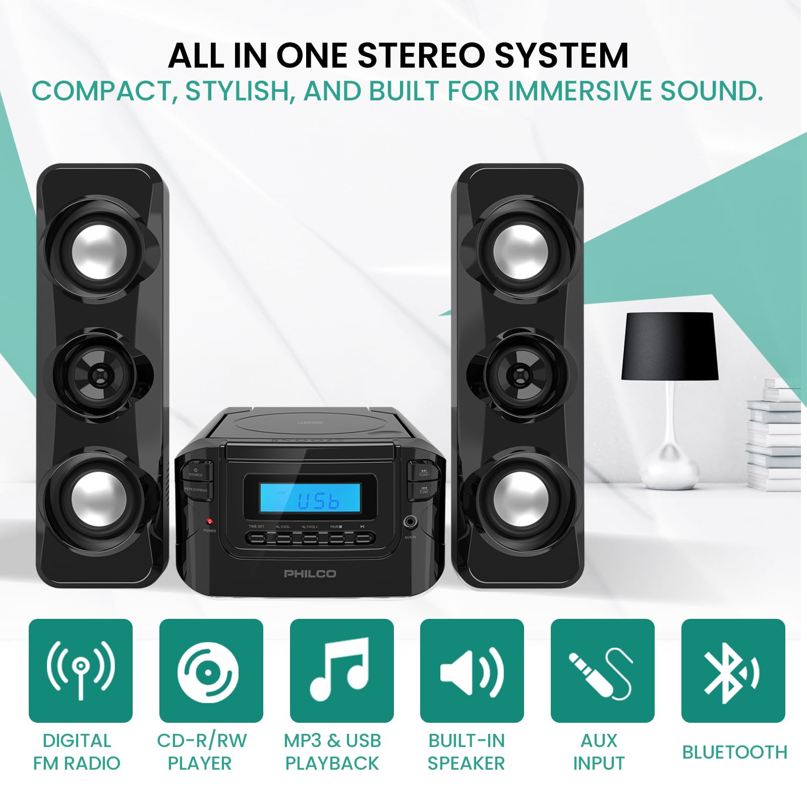 Philco Stereo Shelf Systems Compact CD Shelf System with Digital FM Stereo Radio, Bluetooth Wireless Technology, and Remote Control in Black | LCD Display | MP3 & AUX Port Compatible | USB Playback