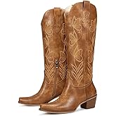 wetkiss Cowboy Boots for Women Knee High Cowgirl Boots - Butterfly Embroidered Zipper Chunky Heel Boot, Casual, Festivals, Shopping & Western Parties, Vintage Style Comfort Tall Boot