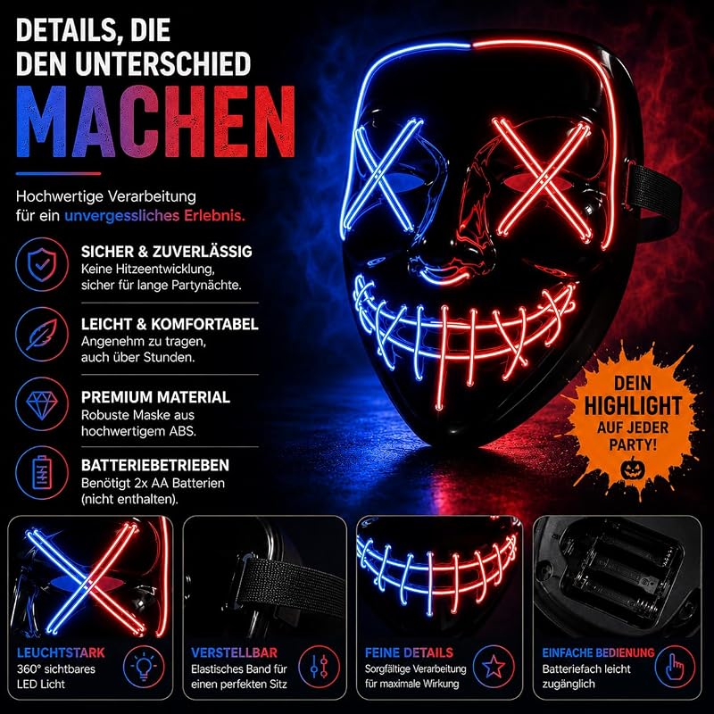Máscara de terror LED rojo y azul - como de Purge con 3 efectos de luz, controlable, para Halloween como disfraz para hombres y mujeres — foto 5 de 7
