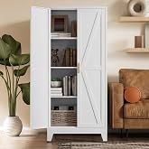 COFaR White Farmhouse Storage Kitchen Pantry Cabinet with 2 Barn Door, 3 Adjustable Shelves and Legs, for Cupboard/Dining Room/Bathroom/Living Room/Office/Laundry Room (White, 61" Farmhouse)
