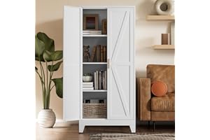 COFaR White Farmhouse Storage Kitchen Pantry Cabinet with 2 Barn Door, 3 Adjustable Shelves and Legs, for Cupboard/Dining Room/Bathroom/Living Room/Office/Laundry Room (White, 61" Farmhouse)