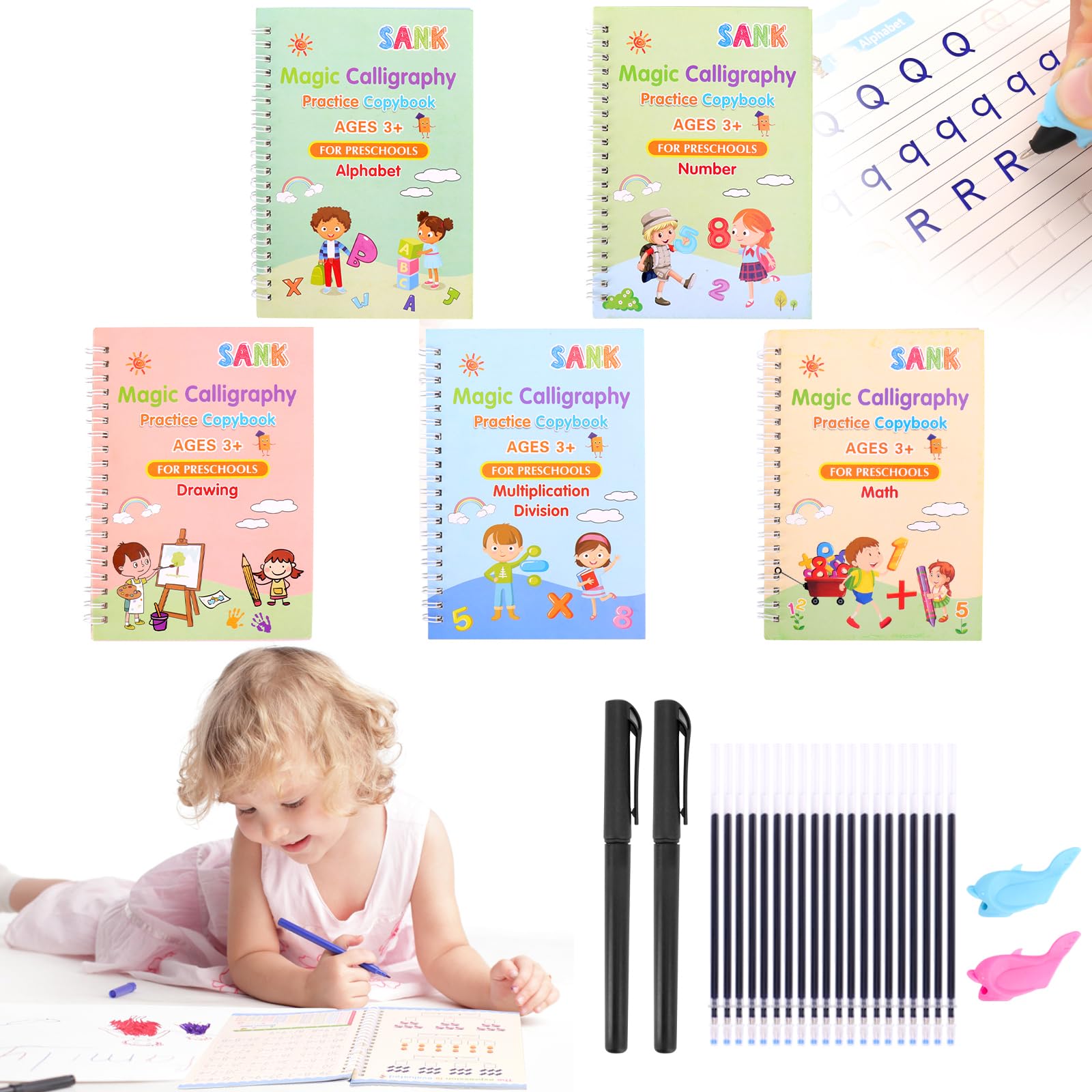 Homgaty Grooved Handwriting Practice Books for Students - 5 Reusable Copybooks with 2 Pens, 20 Refills & Silicone Grip Trainers, Develop Alphabet & Number Writing Skills