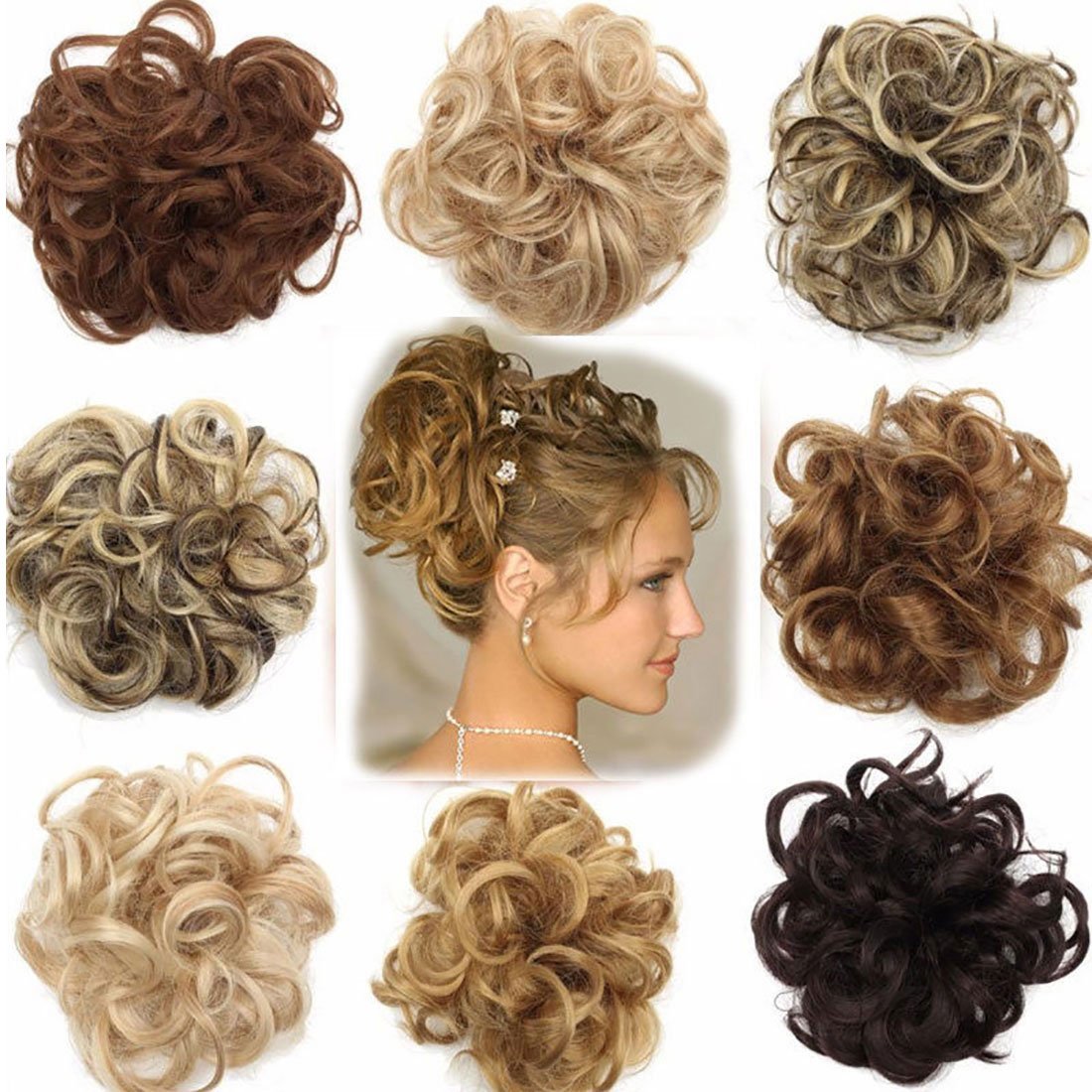 Scrunchie Bun Updo Hairpiece Extensions - Wavy Curly Messy Hair in Dark Blonde Ash Blonde Mix